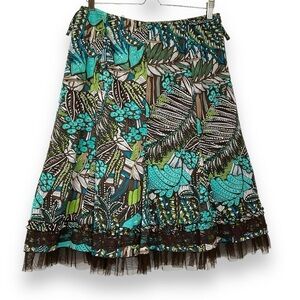 Linea Domani Skirt Floral Midi Blue Brown Turquoise‎ Feminine Ruffle Size 12